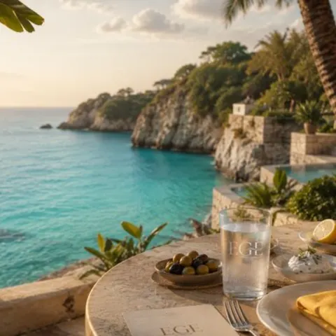 A set table above a turquoise cove: olives, lemons, and gold linen in late light