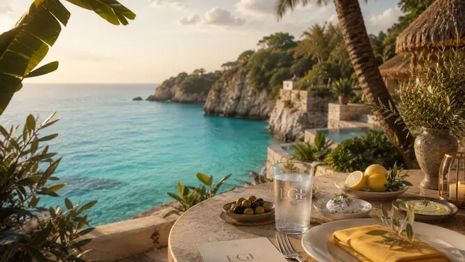 A set table above a turquoise cove: olives, lemons, and gold linen in late light